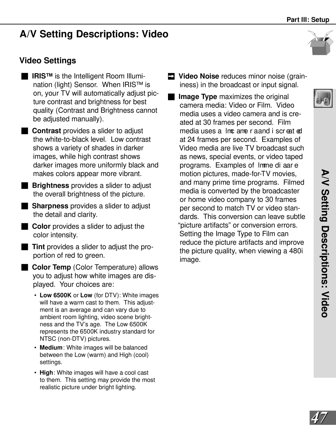 Mitsubishi Electronics WS-55908, WS-65908 manual Setting Descriptions Video, Video Settings 