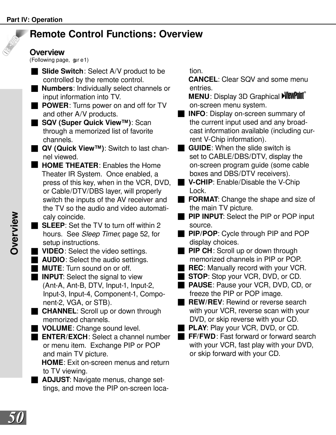 Mitsubishi Electronics WS-65908, WS-55908 manual Remote Control Functions Overview 