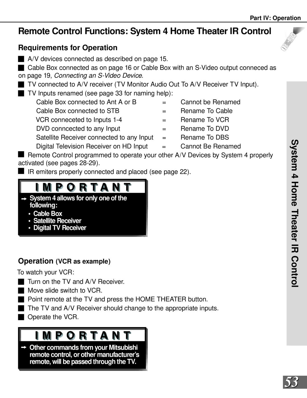 Mitsubishi Electronics WS-55908, WS-65908 manual Requirements for Operation, Operation VCR as example 