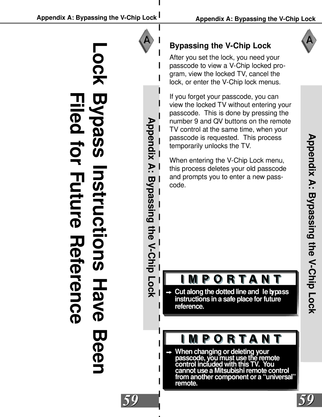 Mitsubishi Electronics WS-55908, WS-65908 manual Appendix a Bypassing the V-Chip Lock 