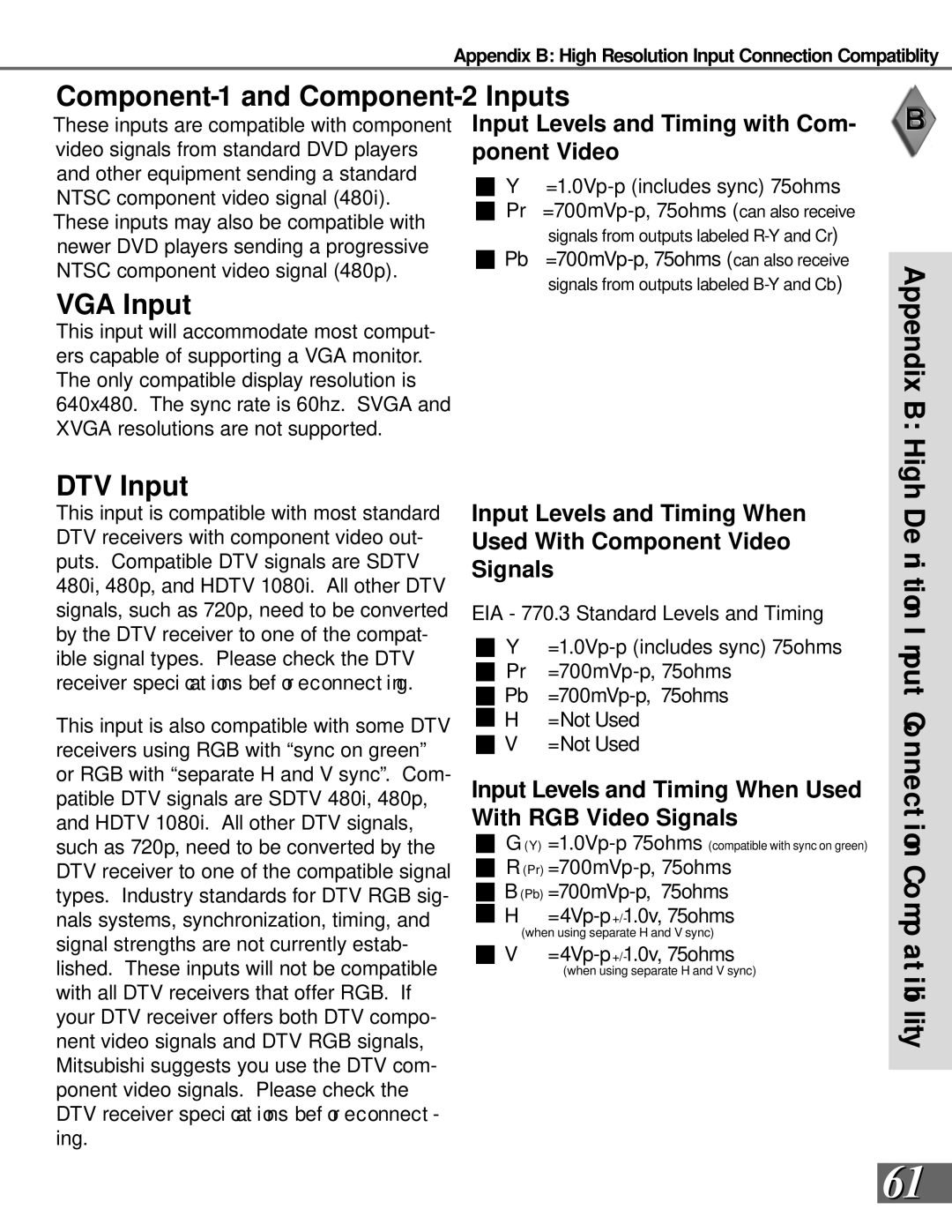 Mitsubishi Electronics WS-55908, WS-65908 manual Component-1 and Component-2 Inputs, VGA Input, DTV Input 