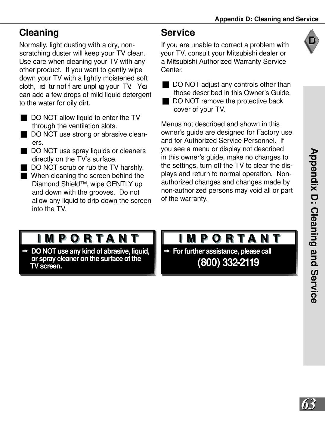 Mitsubishi Electronics WS-55908, WS-65908 manual Cleaning, Service 