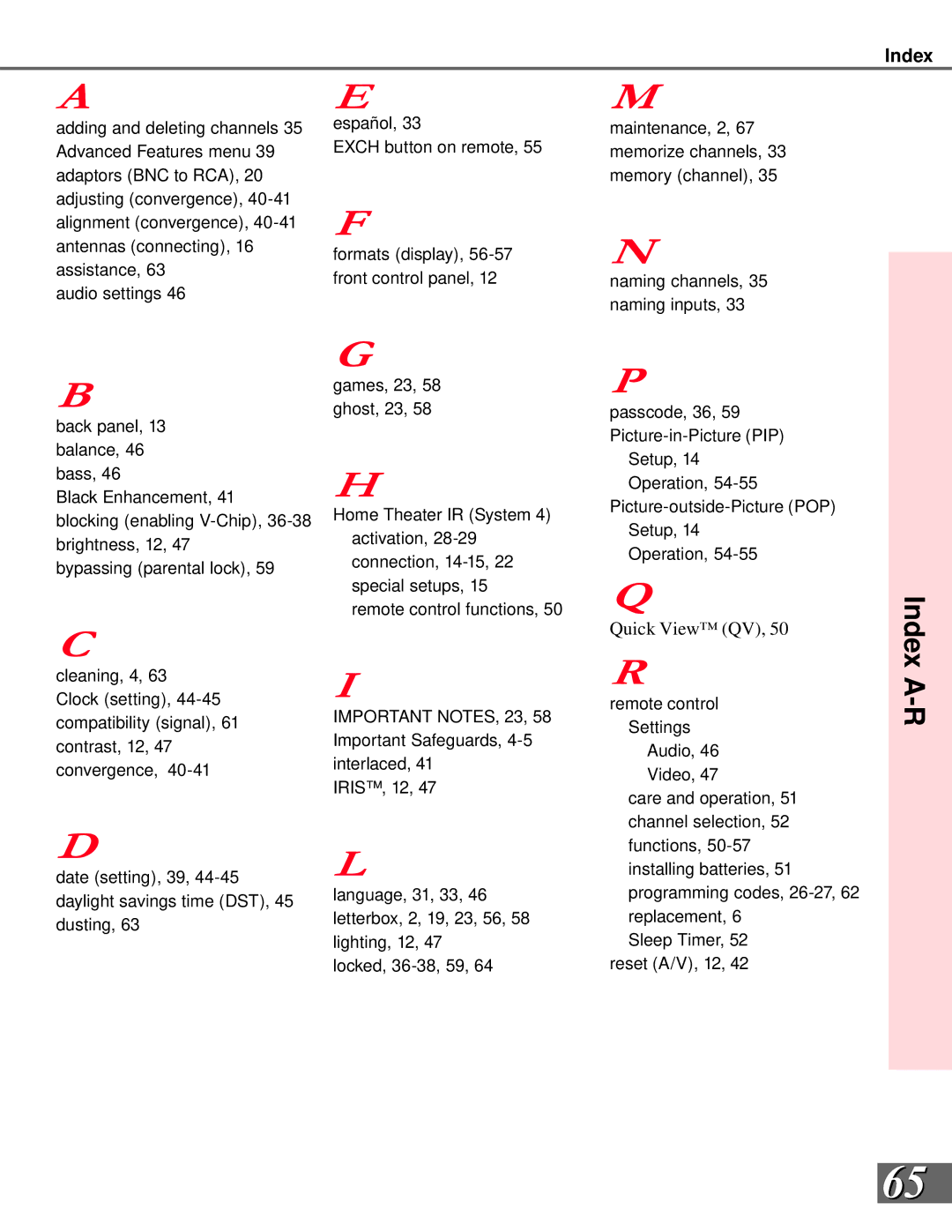 Mitsubishi Electronics WS-55908, WS-65908 manual Index A-R 