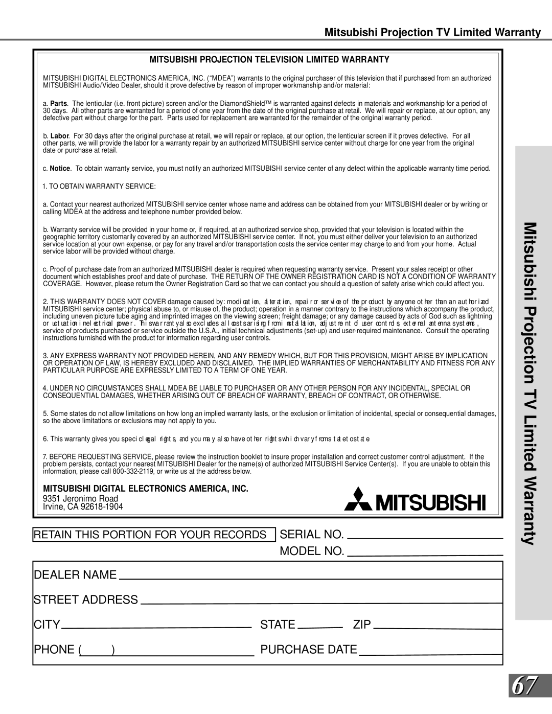 Mitsubishi Electronics WS-55908, WS-65908 manual Mitsubishi Projection TV Limited Warranty 