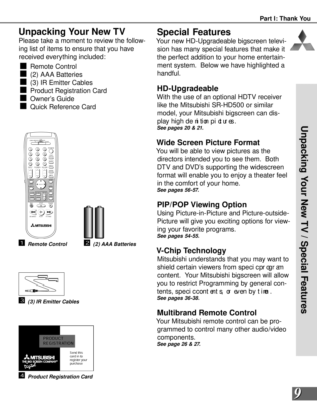 Mitsubishi Electronics WS-55908, WS-65908 manual Unpacking Your New TV, Special Features 