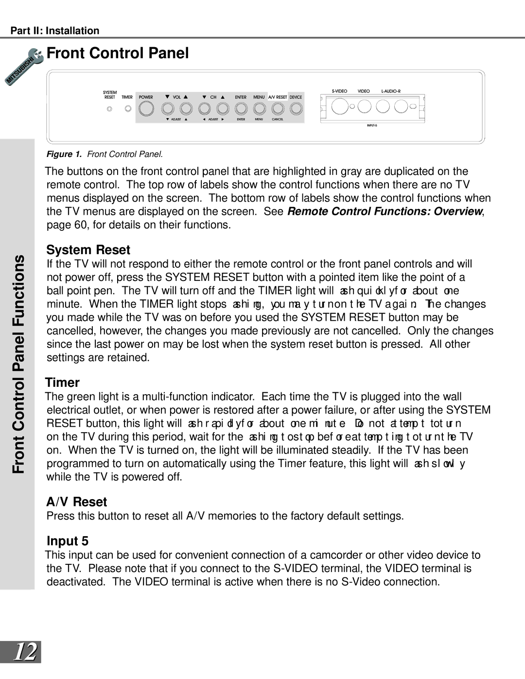 Mitsubishi Electronics WS-65869, WS-73909 Front Control Panel Front Control Panel Functions, System Reset, Timer, Input 