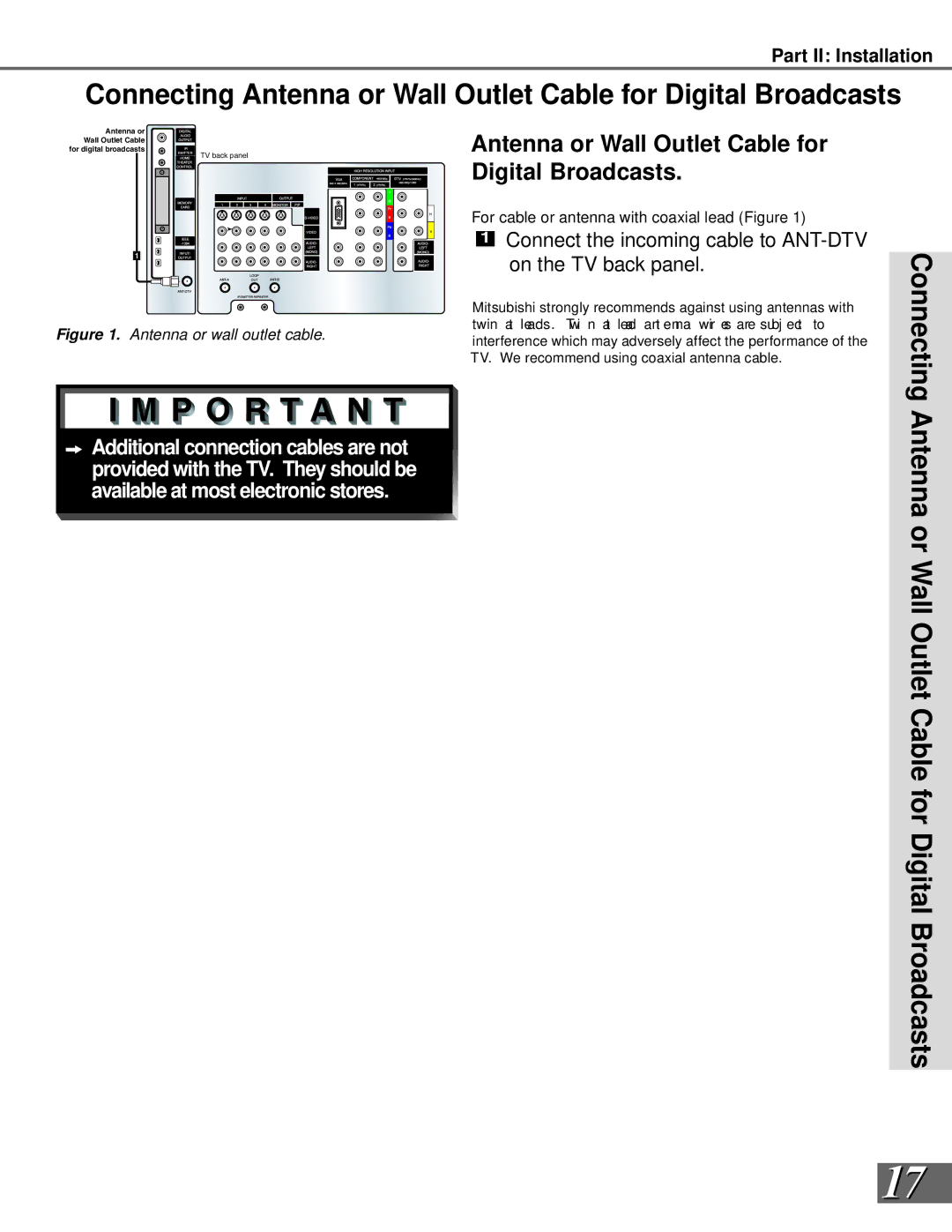 Mitsubishi Electronics WS-65869, WS-73909, WS-65909, WS-55859, WS-55909 Antenna or Wall Outlet Cable for Digital Broadcasts 