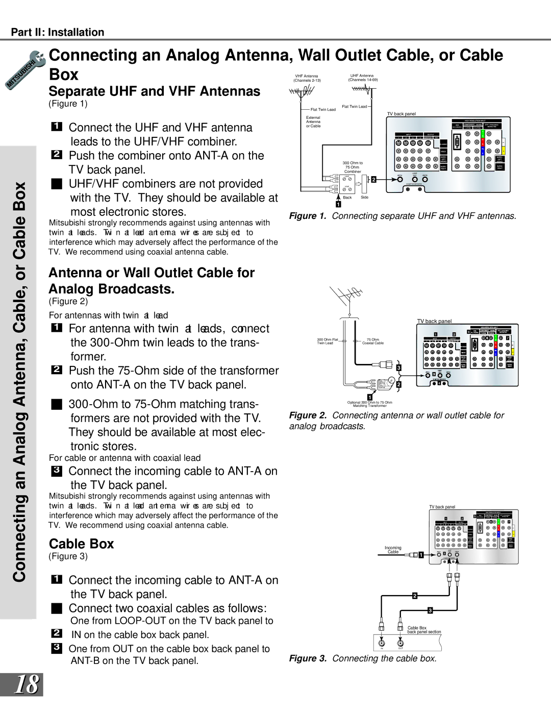 Mitsubishi Electronics WS-55859 manual Cable Box, Connecting an Analog Antenna, Cable, or, Separate UHF and VHF Antennas 