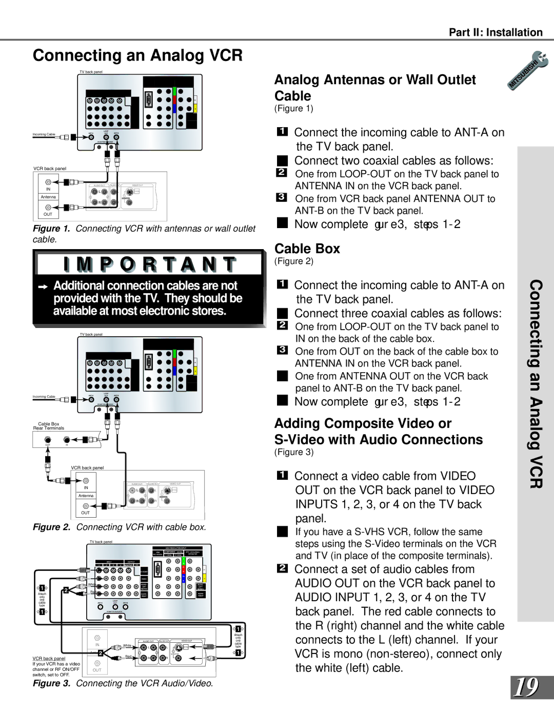 Mitsubishi Electronics WS-55909, WS-73909, WS-65909, WS-65869 Connecting an Analog VCR, Analog Antennas or Wall Outlet Cable 