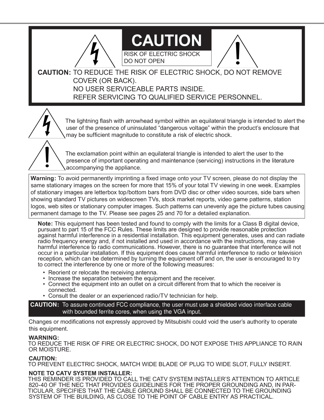 Mitsubishi Electronics WS-65869, WS-73909, WS-65909, WS-55859, WS-55909 manual Risk of Electric Shock Do not Open 