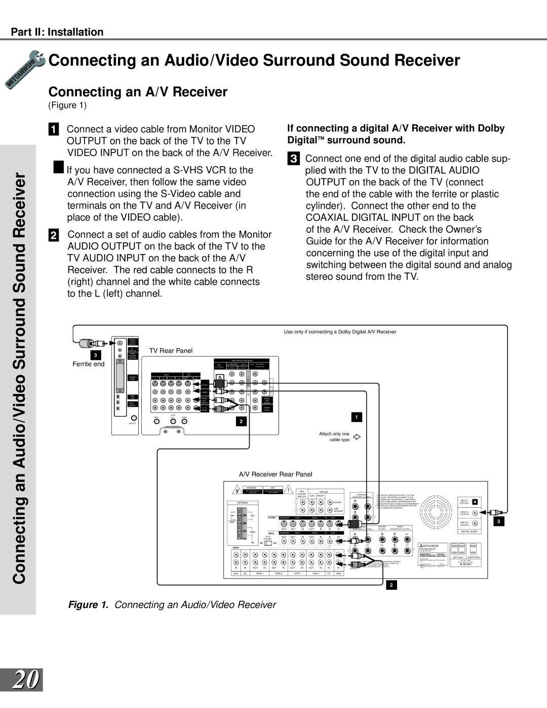 Mitsubishi Electronics WS-73909, WS-65909 Connecting an Audio/Video Surround Sound Receiver, Connecting an A/V Receiver 