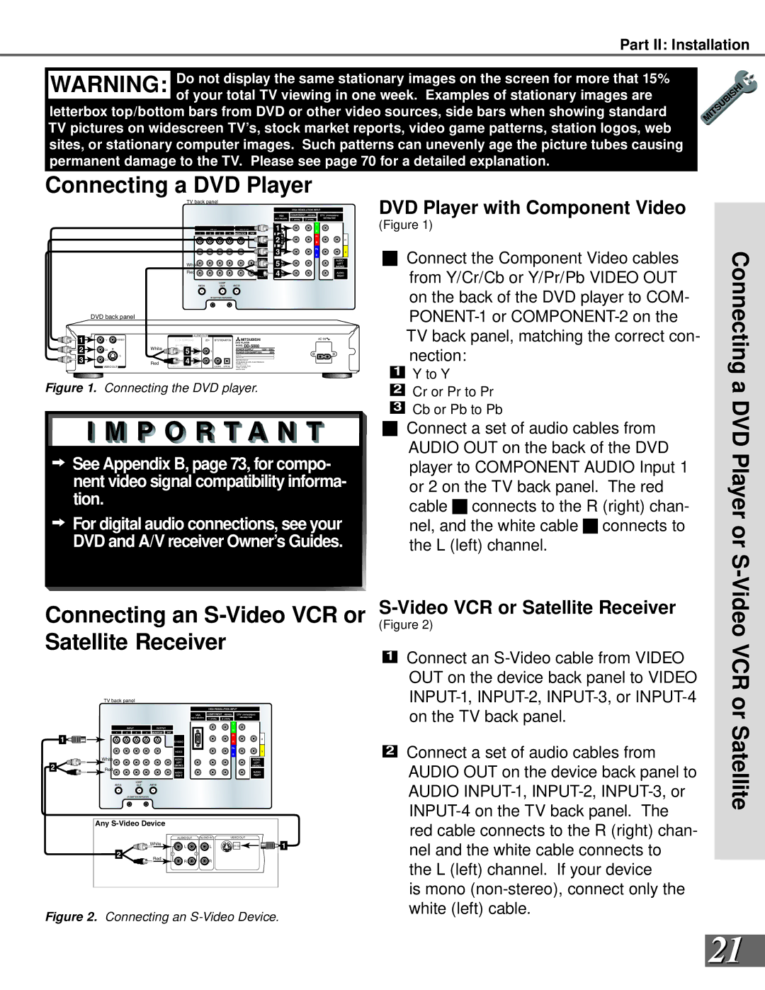 Mitsubishi Electronics WS-65909, WS-73909, WS-65869 Connecting a DVD Player, Satellite, DVD Player with Component Video 