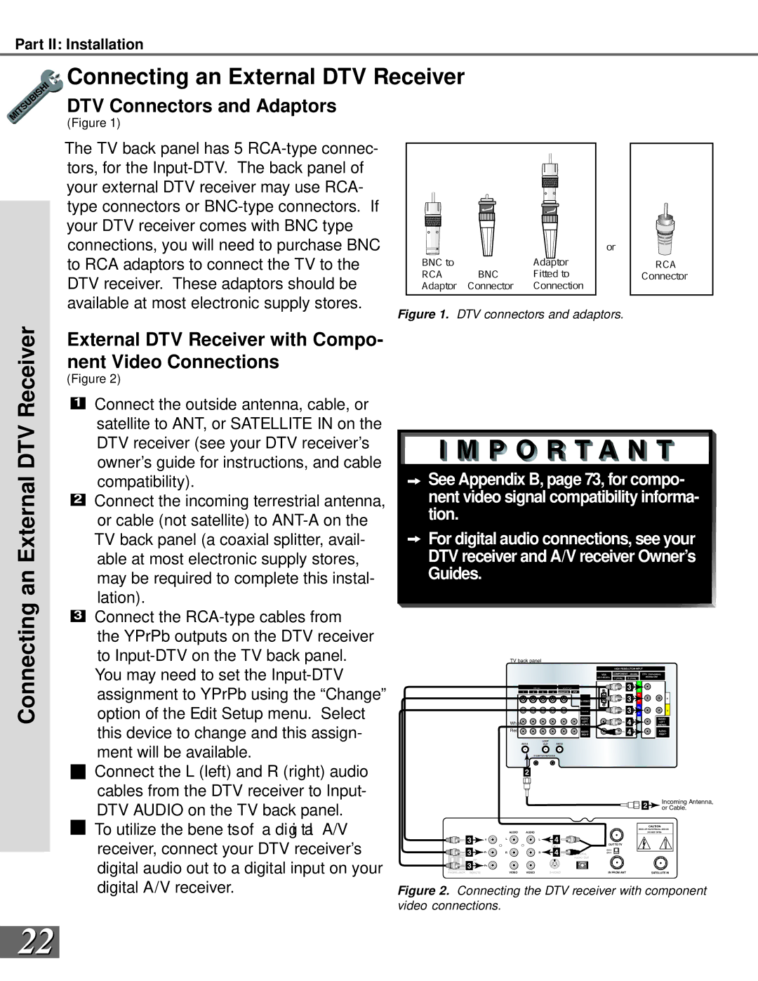 Mitsubishi Electronics WS-65869, WS-73909, WS-65909 manual Connecting an External DTV Receiver, DTV Connectors and Adaptors 