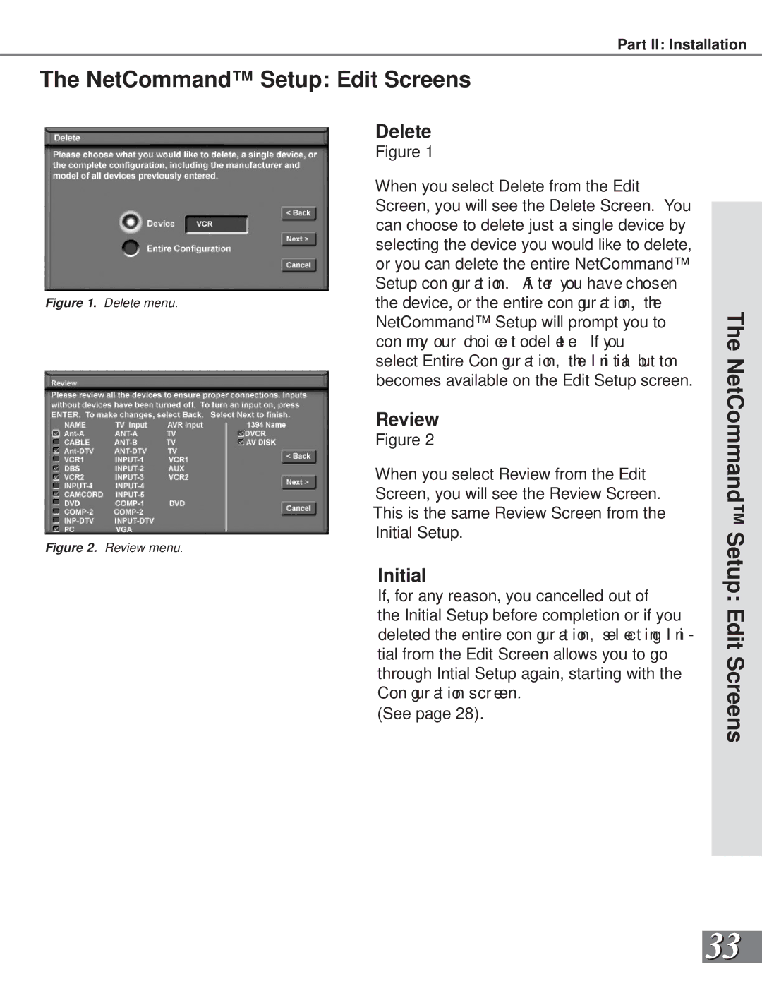 Mitsubishi Electronics WS-55859, WS-73909, WS-65909, WS-65869 manual NetCommand Setup Edit Screens, Delete, Review, Initial 