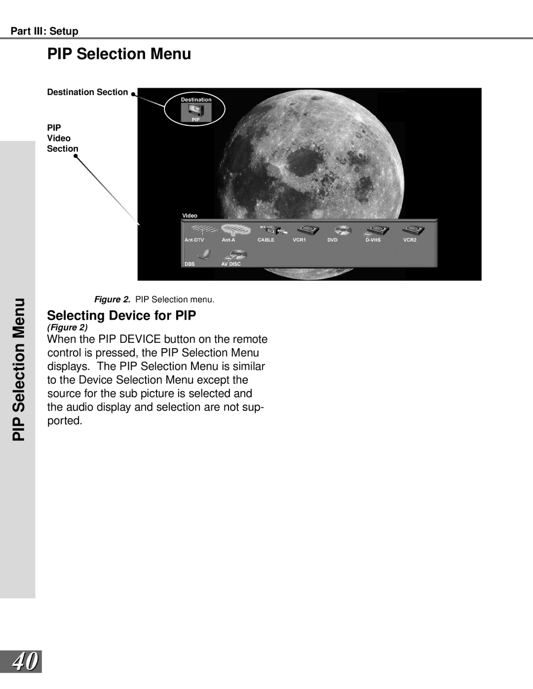 Mitsubishi Electronics WS-73909, WS-65909, WS-65869, WS-55859, WS-55909 manual PIP Selection Menu, Selecting Device for PIP 