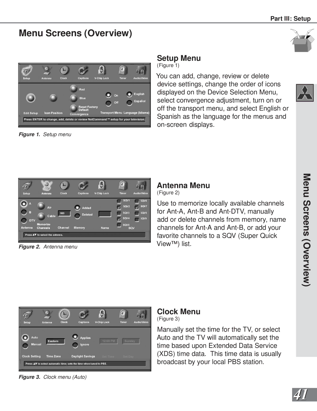 Mitsubishi Electronics WS-65909, WS-73909, WS-65869, WS-55859 Menu Screens Overview, Setup Menu, Antenna Menu, Clock Menu 