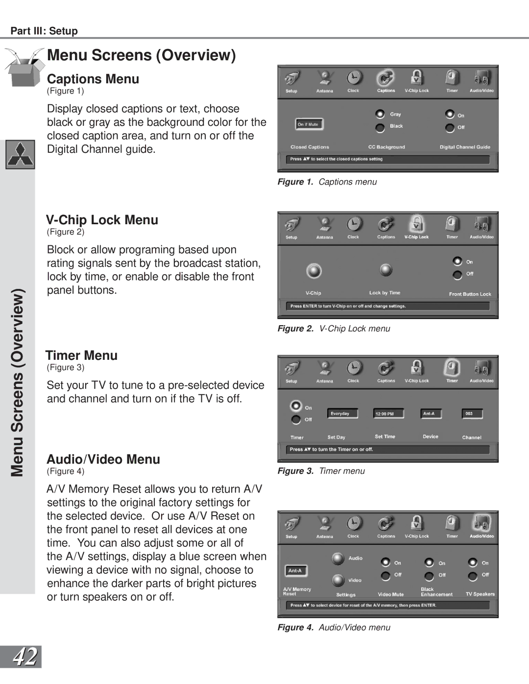 Mitsubishi Electronics WS-65869, WS-73909, WS-65909, WS-55859 Captions Menu, Chip Lock Menu, Timer Menu, Audio/Video Menu 