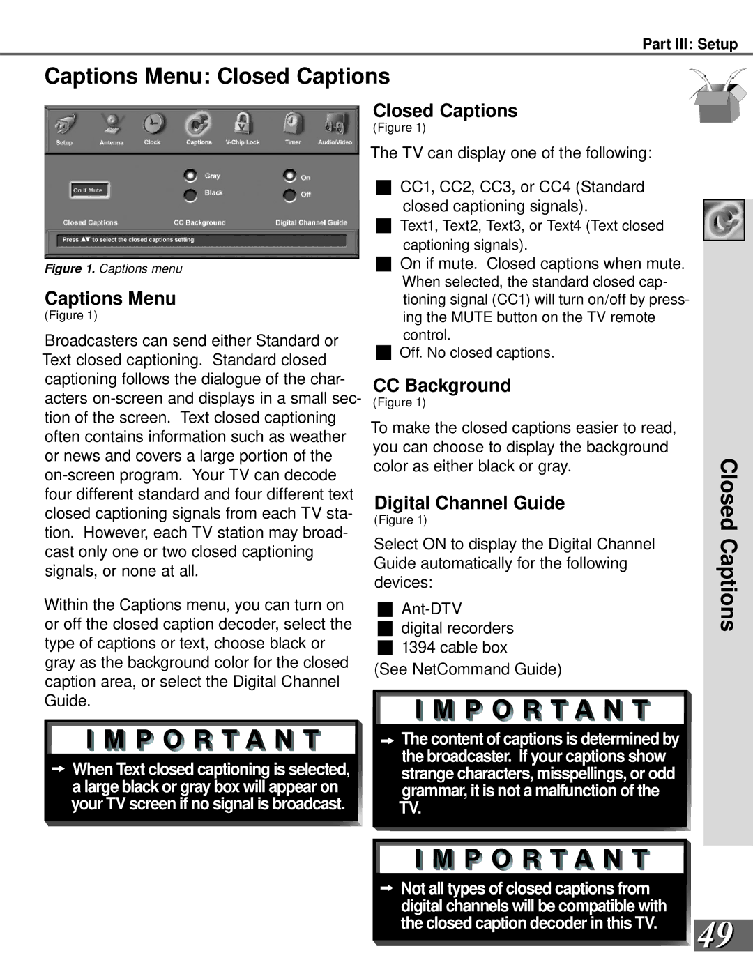 Mitsubishi Electronics WS-55909, WS-73909, WS-65909 Captions Menu Closed Captions, CC Background, Digital Channel Guide 