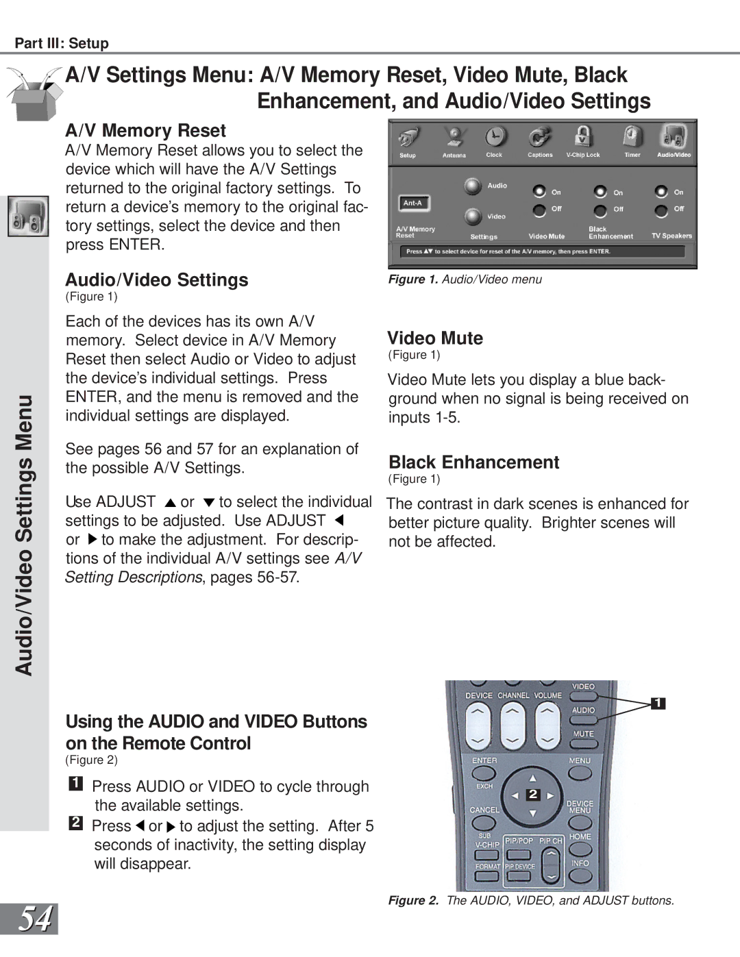 Mitsubishi Electronics WS-55909, WS-73909, WS-65909, WS-65869, WS-55859 manual Audio/Video Settings Menu 