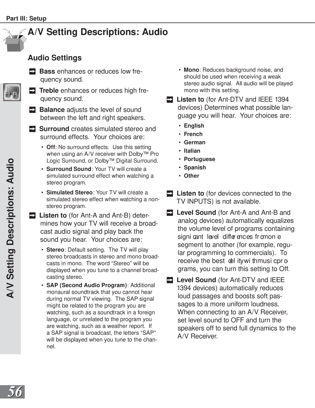 Mitsubishi Electronics WS-65909, WS-73909, WS-65869, WS-55859, WS-55909 manual Setting Descriptions Audio, Audio Settings 