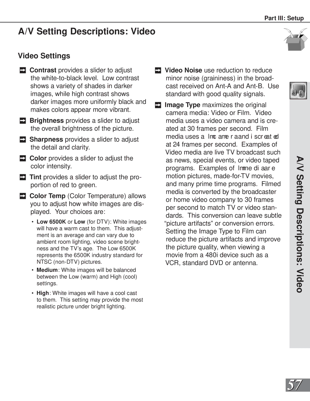 Mitsubishi Electronics WS-65869, WS-73909, WS-65909, WS-55859, WS-55909 manual Setting Descriptions Video, Video Settings 