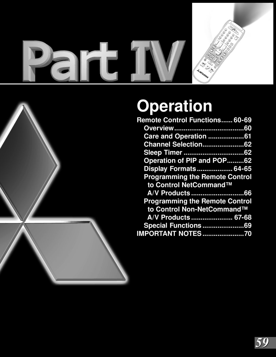 Mitsubishi Electronics WS-55909, WS-73909, WS-65909, WS-65869, WS-55859 manual Operation 