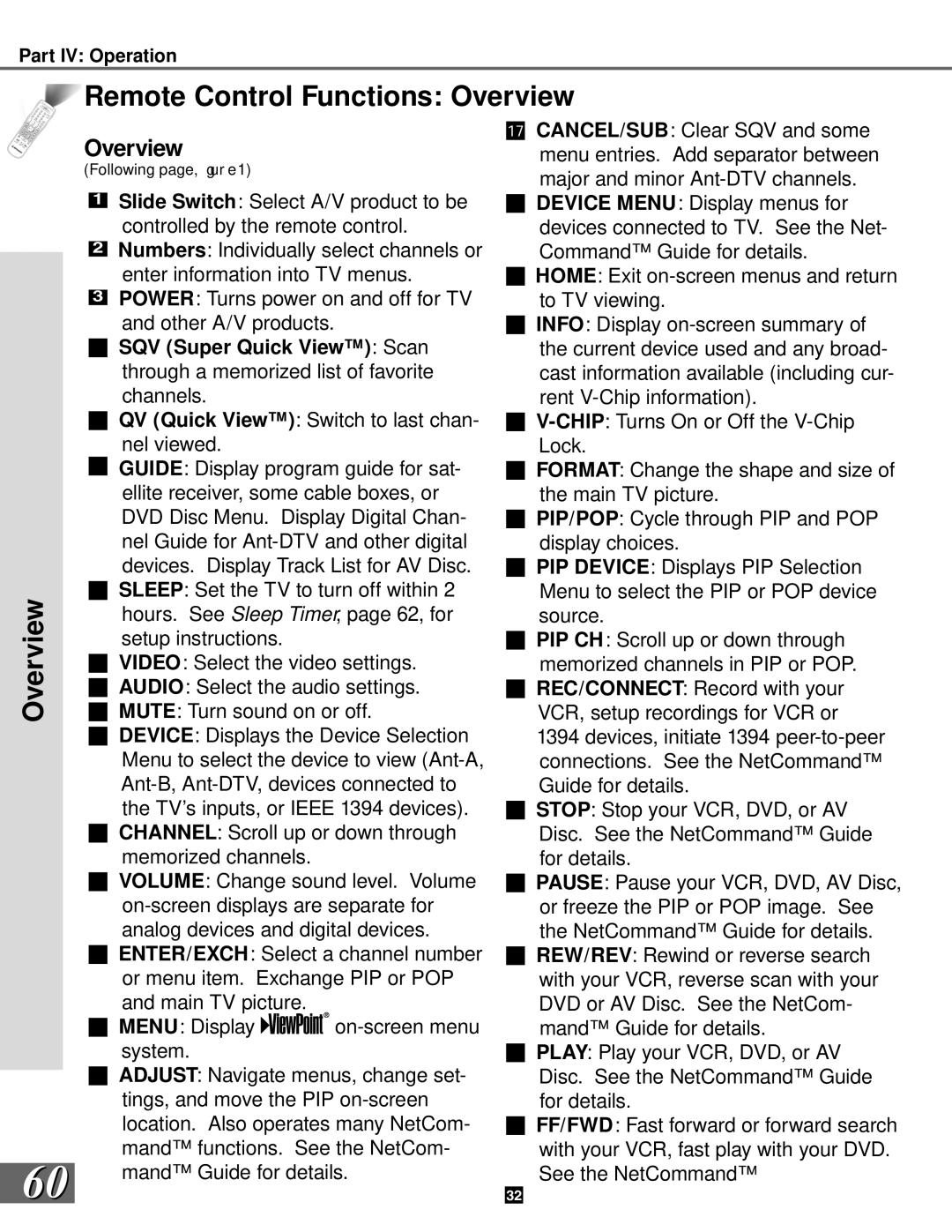 Mitsubishi Electronics WS-73909, WS-65909, WS-65869, WS-55859, WS-55909 manual Remote Control Functions Overview 