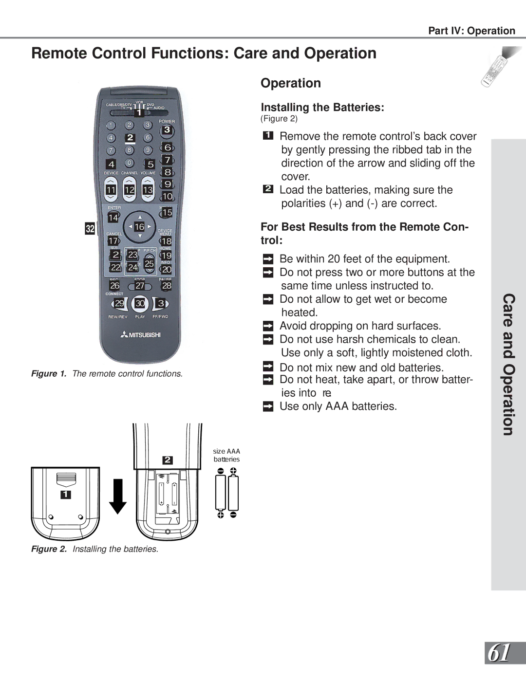 Mitsubishi Electronics WS-65909, WS-73909, WS-65869, WS-55859, WS-55909 manual Remote Control Functions Care and Operation 