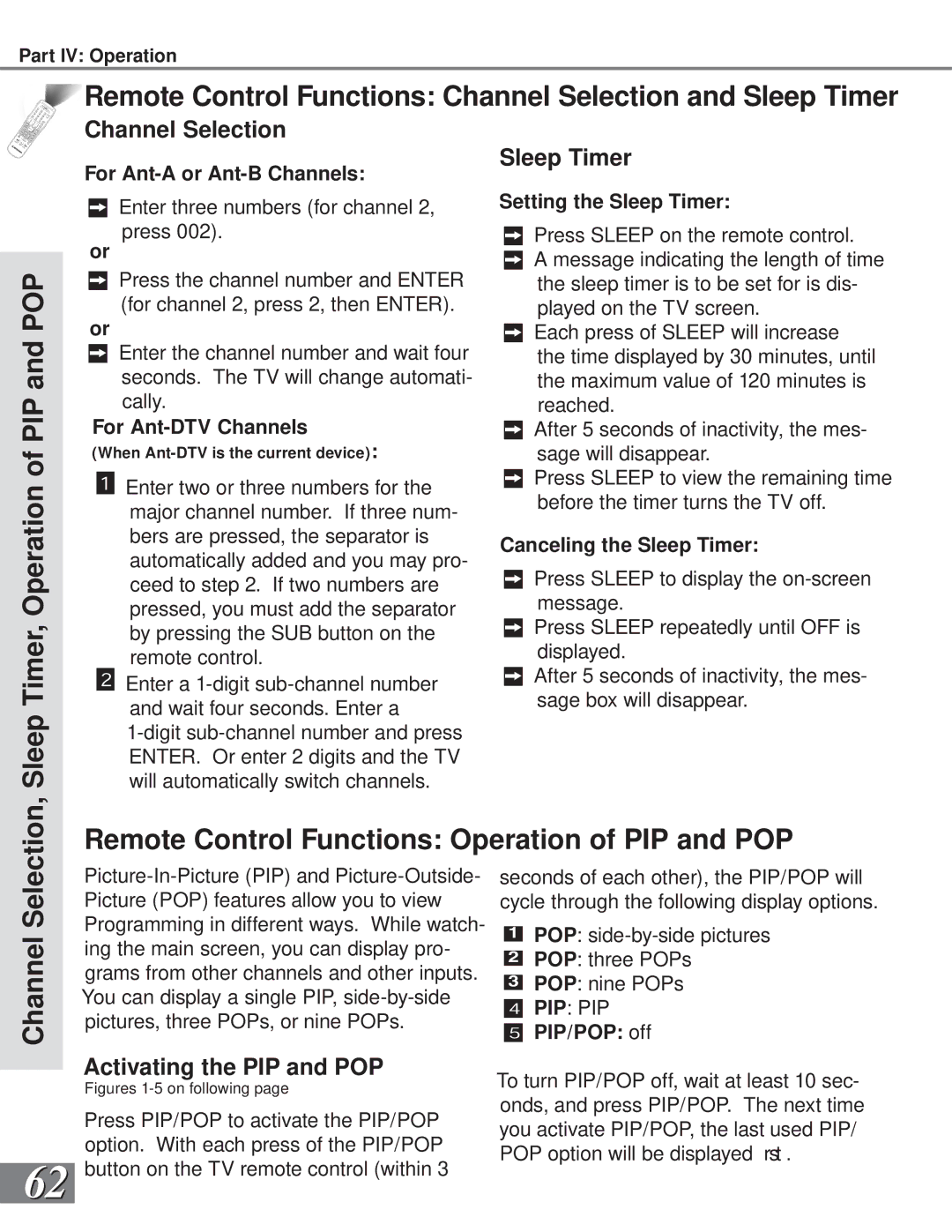 Mitsubishi Electronics WS-65869 Remote Control Functions Channel Selection and Sleep Timer, Channel Selection Sleep Timer 