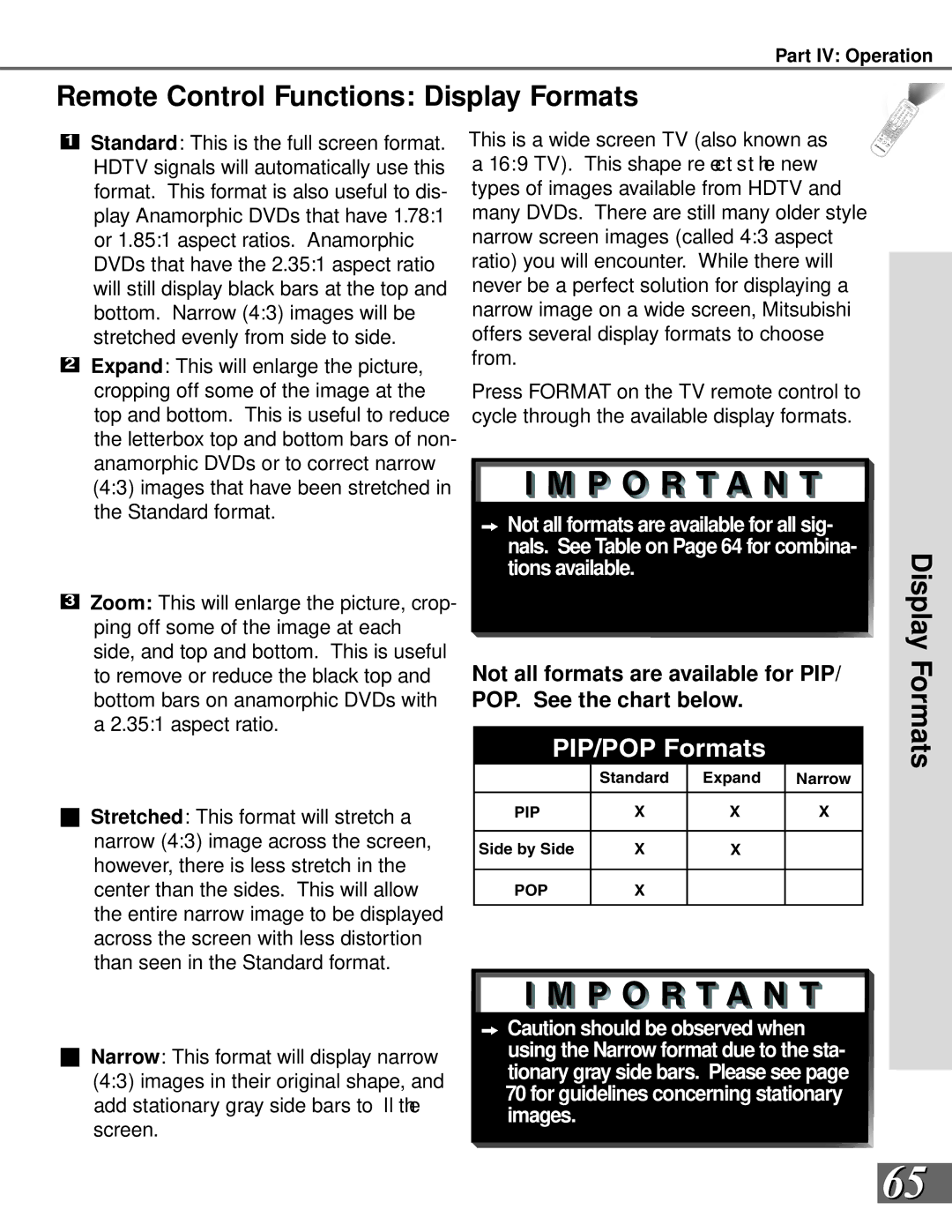 Mitsubishi Electronics WS-73909, WS-65909, WS-65869, WS-55859, WS-55909 manual Remote Control Functions Display Formats 