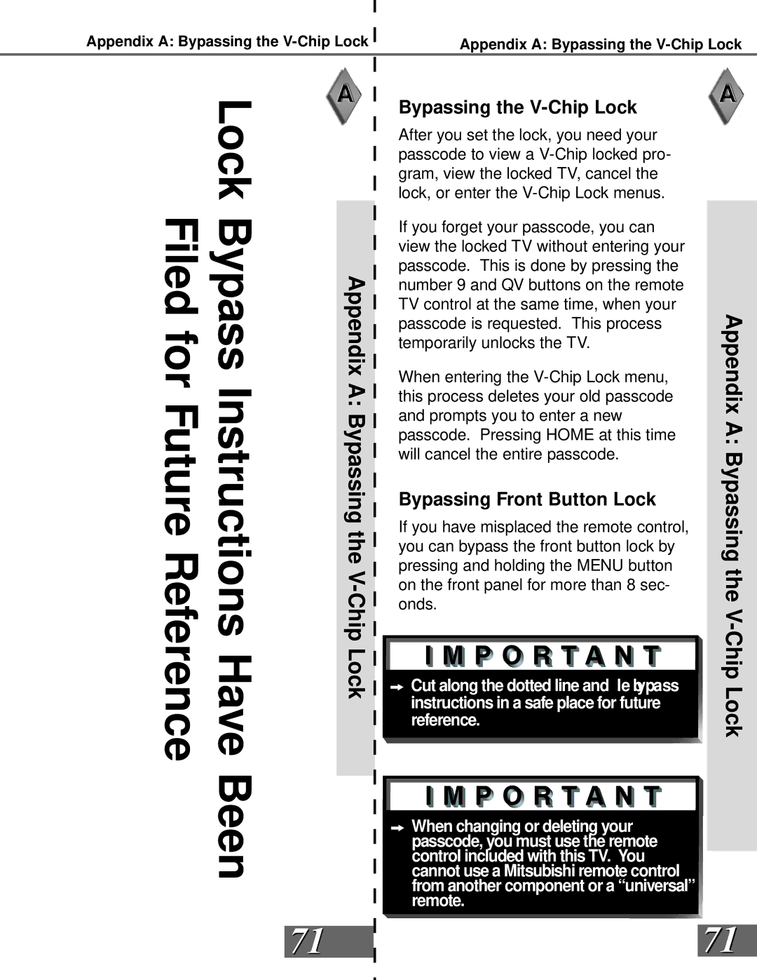 Mitsubishi Electronics WS-65909, WS-73909, WS-65869, WS-55859 manual Bypassing the V-Chip Lock, Bypassing Front Button Lock 