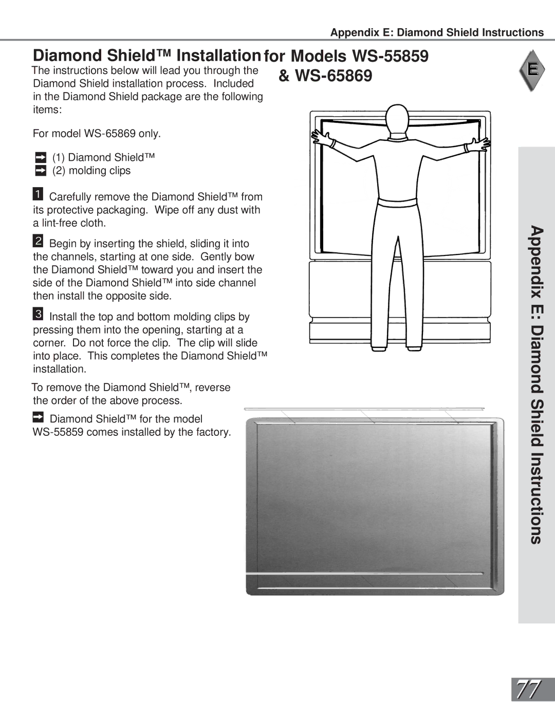 Mitsubishi Electronics WS-65869, WS-73909, WS-65909, WS-55859, WS-55909 manual Diamond Shield Installation 