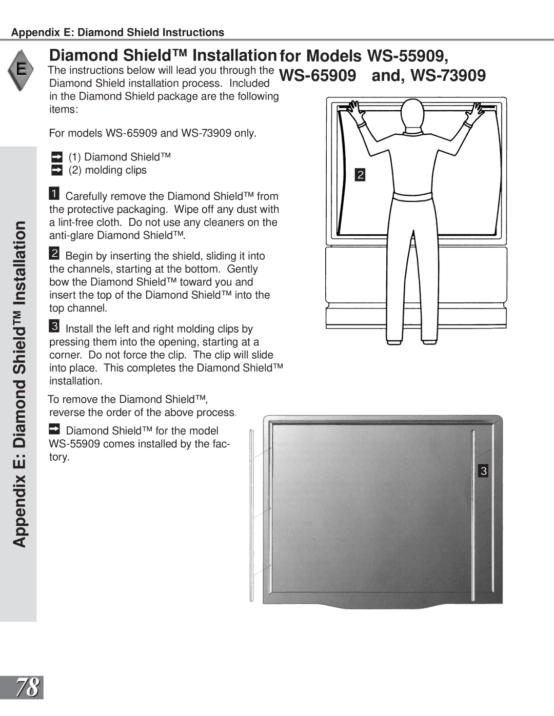 Mitsubishi Electronics WS-55859, WS-65909, WS-65869 manual Appendix E Diamond Shield Installation, WS-55909, and, WS-73909 