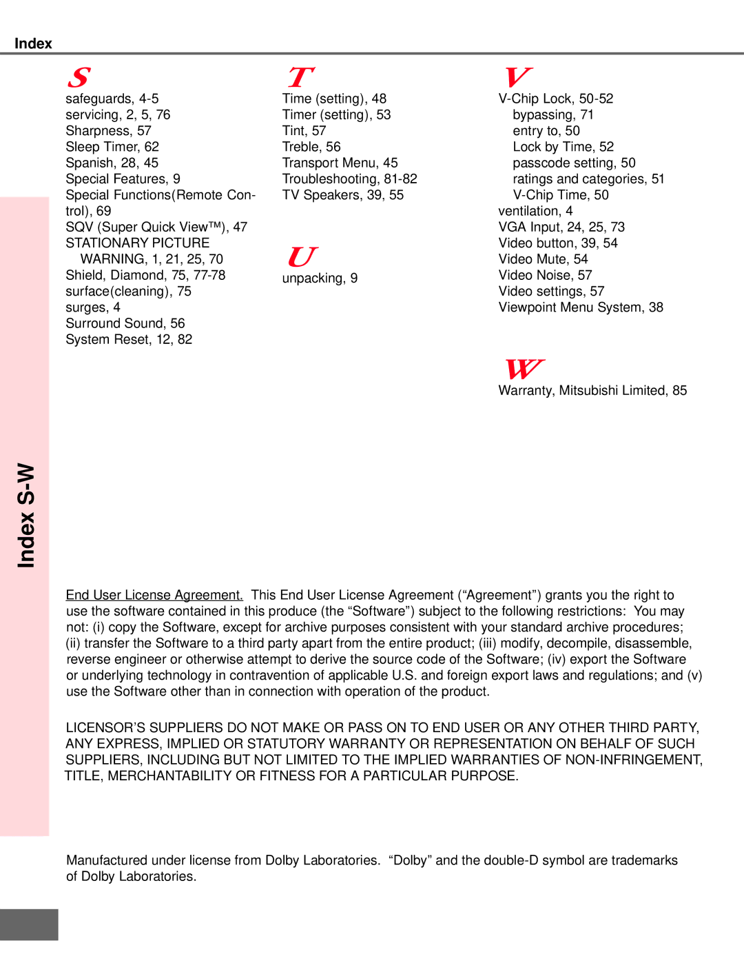 Mitsubishi Electronics WS-55909, WS-73909, WS-65909, WS-65869, WS-55859 manual Index S-W, Stationary Picture 