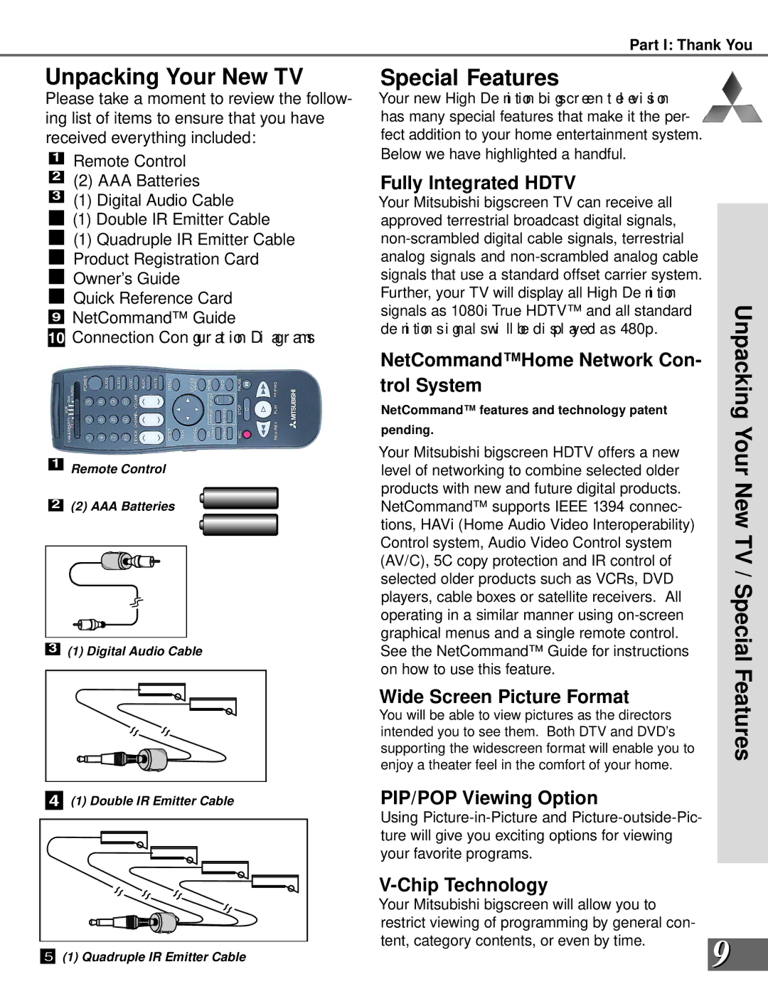 Mitsubishi Electronics WS-55909, WS-73909, WS-65909, WS-65869, WS-55859 manual Unpacking Your New TV, Special Features 