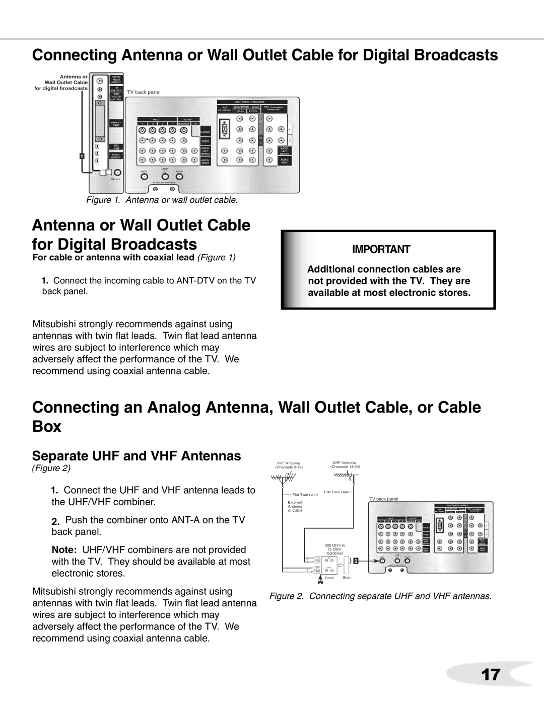 Mitsubishi Electronics WS-55711, WS-B55 Antenna or Wall Outlet Cable for Digital Broadcasts, Separate UHF and VHF Antennas 