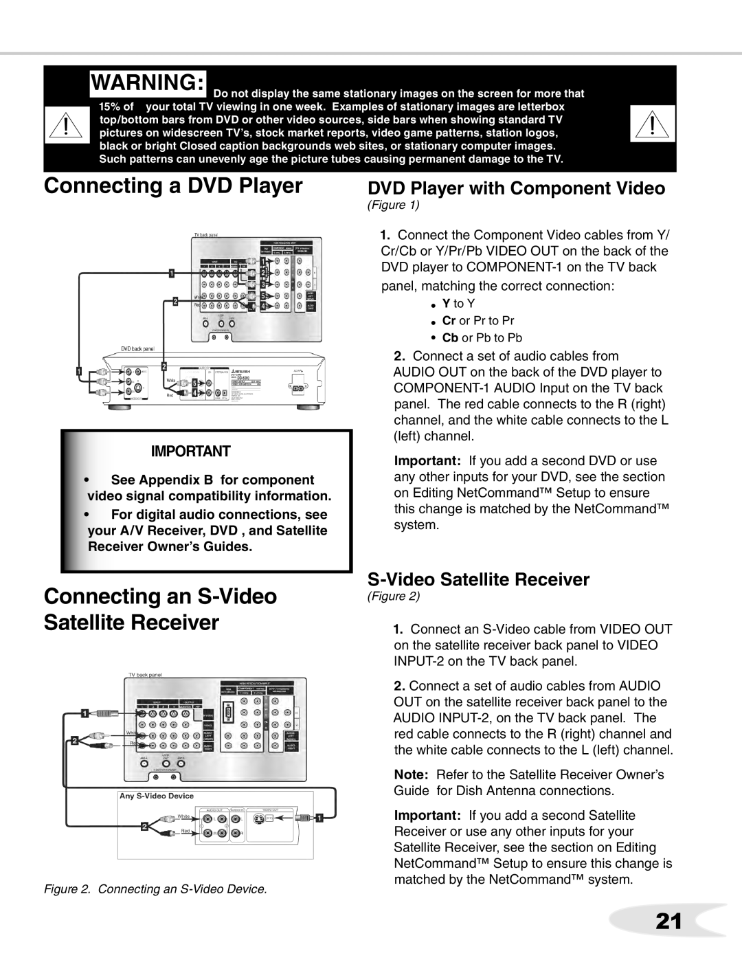 Mitsubishi Electronics WS-65611, WS-B55 Connecting a DVD Player, DVD Player with Component Video, Video Satellite Receiver 