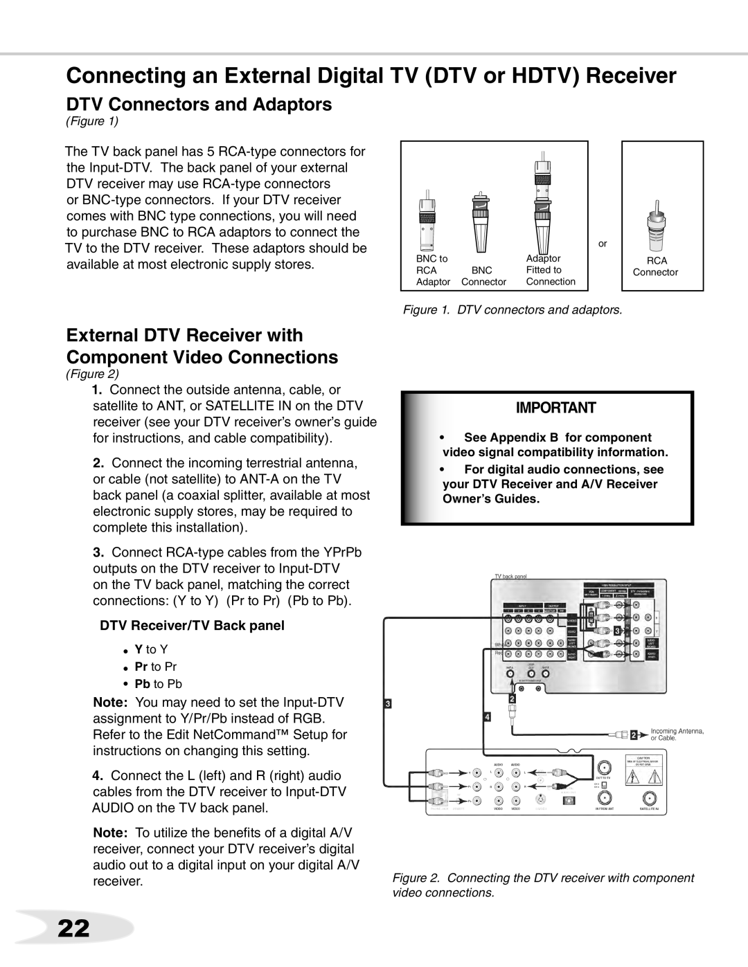 Mitsubishi Electronics WS-65711 manual Connecting an External Digital TV DTV or Hdtv Receiver, DTV Connectors and Adaptors 