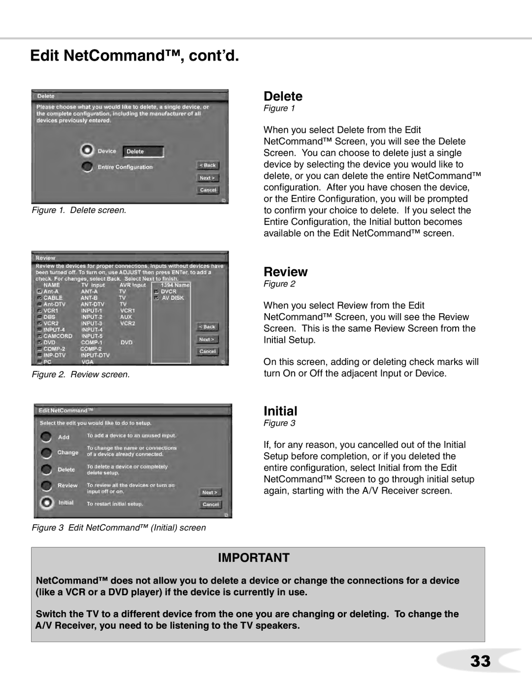 Mitsubishi Electronics WS-48511, WS-B55, ws-65712, WS-65511, WS-65611 manual Edit NetCommand, cont’d, Delete, Review, Initial 