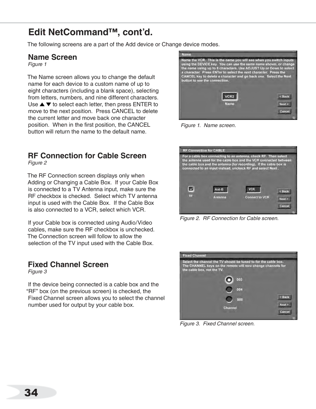 Mitsubishi Electronics WS-55511, WS-B55, ws-65712 manual Name Screen, RF Connection for Cable Screen, Fixed Channel Screen 