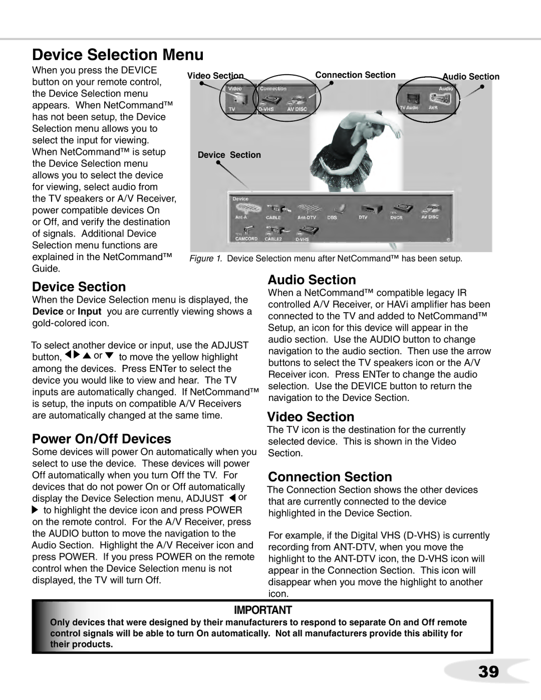 Mitsubishi Electronics WS-65611 Device Selection Menu, Audio Section Device Section, Video Section, Power On/Off Devices 