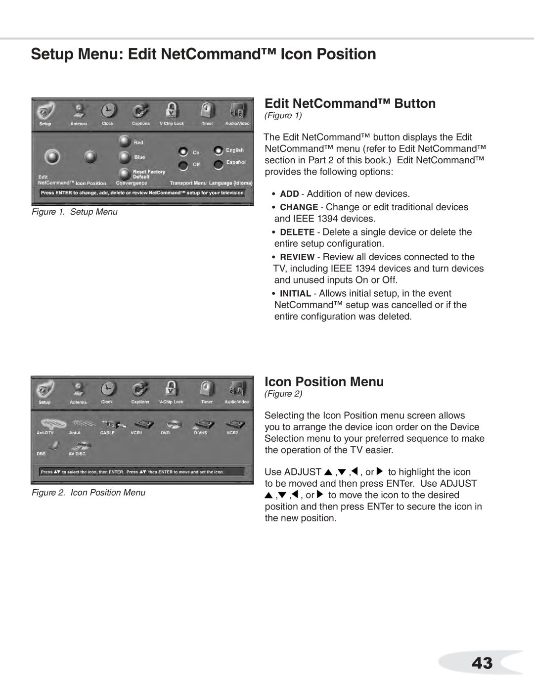 Mitsubishi Electronics WS-55511 manual Setup Menu Edit NetCommand Icon Position, Edit NetCommand Button, Icon Position Menu 