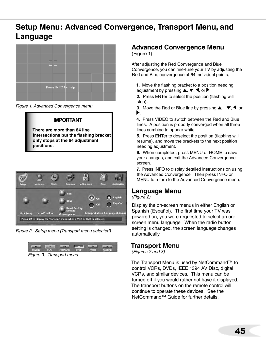 Mitsubishi Electronics WS-B55, ws-65712, WS-65511, WS-65611 manual Advanced Convergence Menu, Language Menu, Transport Menu 