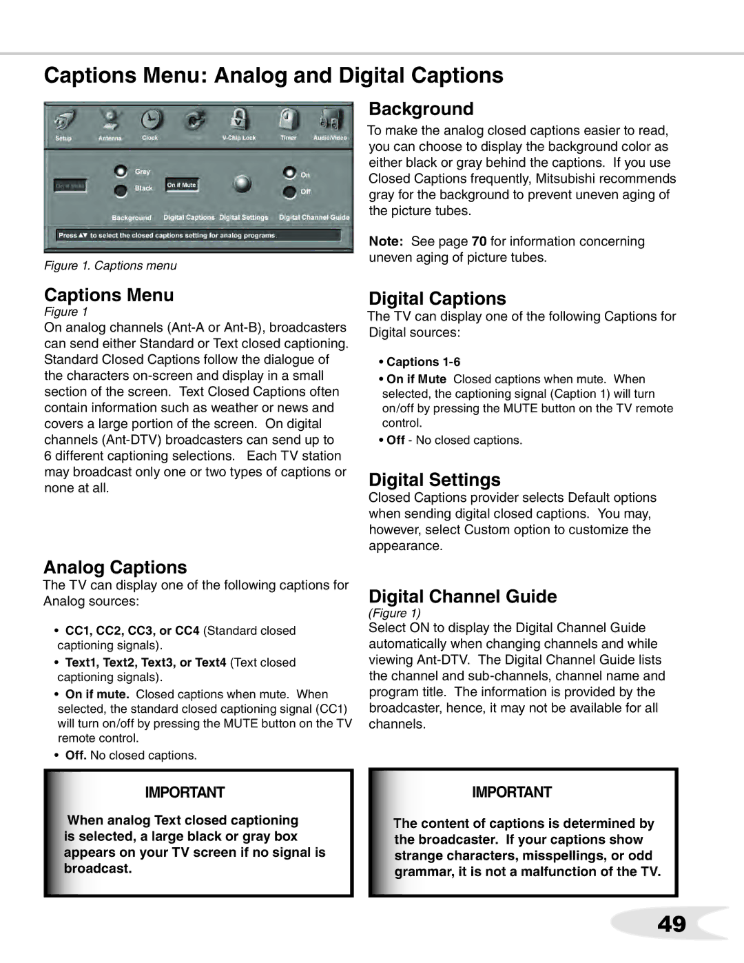 Mitsubishi Electronics WS-65711, WS-B55, ws-65712, WS-65511, WS-65611, WS-73711 manual Captions Menu Analog and Digital Captions 