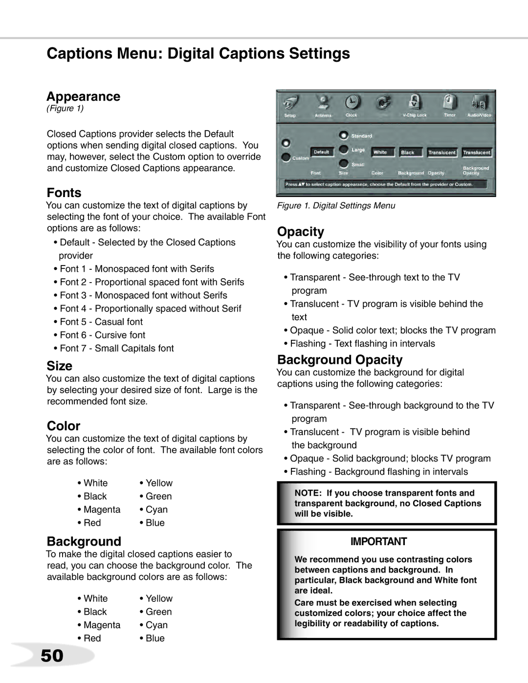 Mitsubishi Electronics WS-73711, WS-B55, ws-65712, WS-65511, WS-65611, WS-65711 manual Captions Menu Digital Captions Settings 