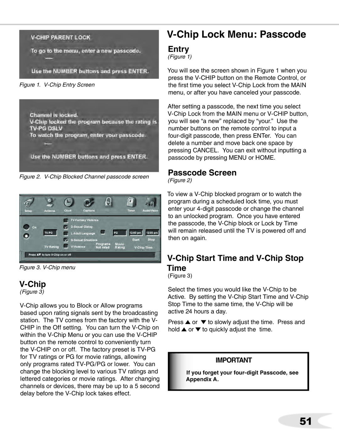 Mitsubishi Electronics WS-48511 Chip Lock Menu Passcode, Entry, Passcode Screen, Chip Start Time and V-Chip Stop Time 