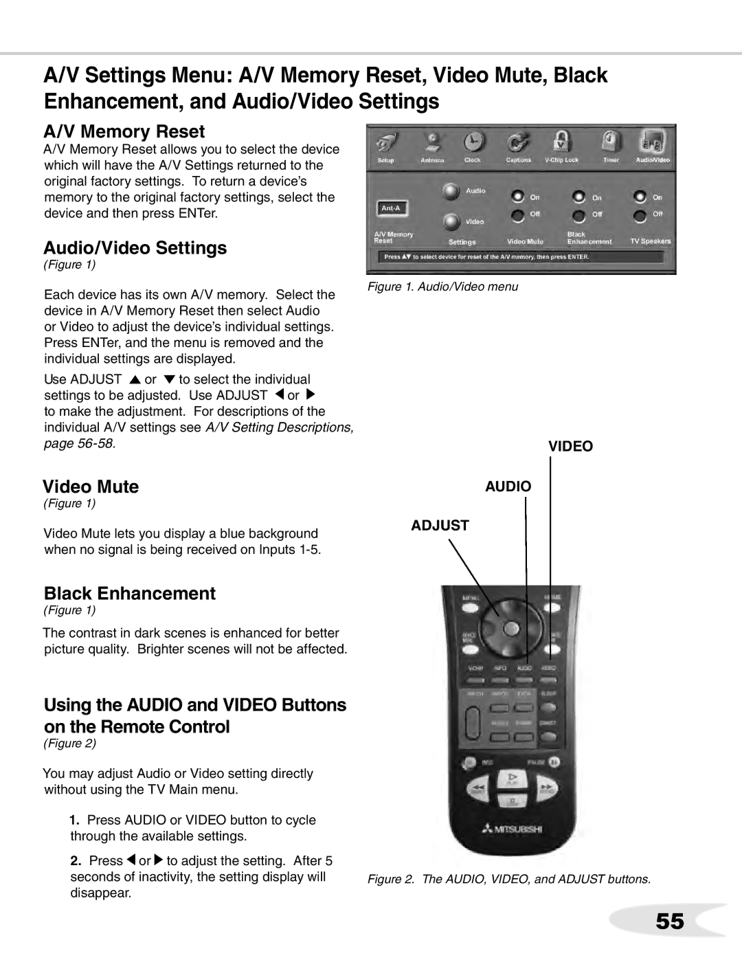 Mitsubishi Electronics ws-65712, WS-B55, WS-65511 manual Memory Reset, Audio/Video Settings, Video Mute, Black Enhancement 