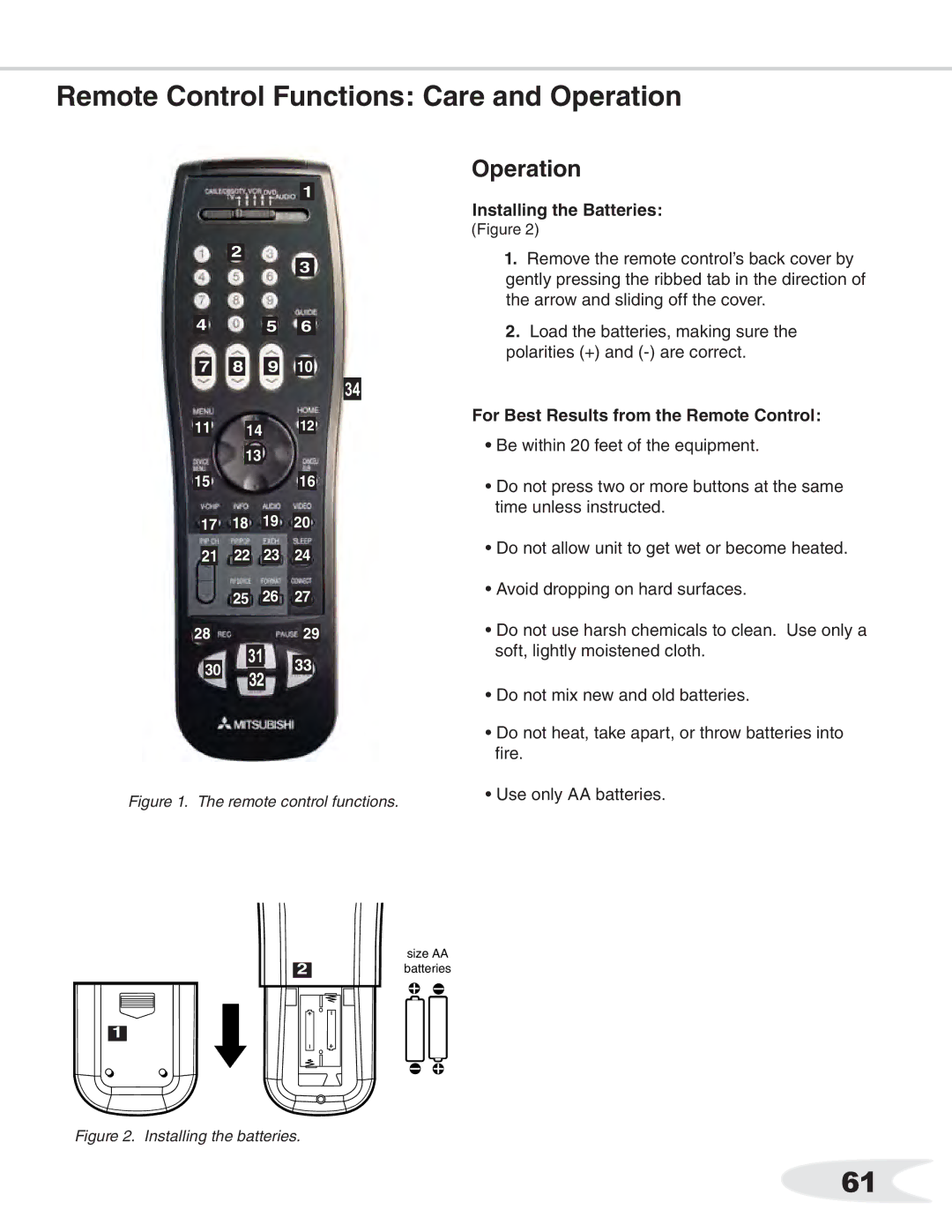 Mitsubishi Electronics WS-55511, WS-B55, ws-65712 Remote Control Functions Care and Operation, Installing the Batteries 