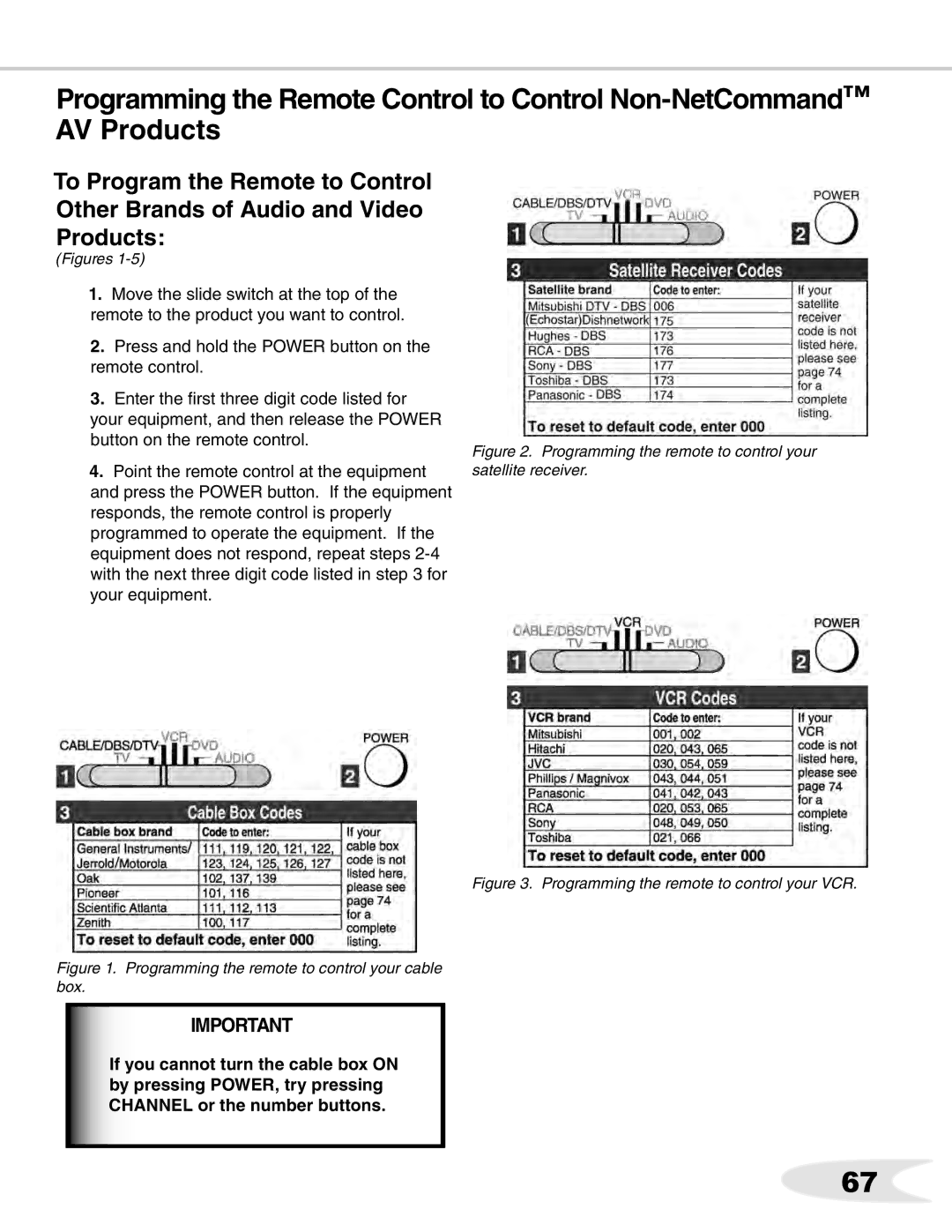 Mitsubishi Electronics WS-65711, WS-B55, ws-65712, WS-65511 manual Programming the remote to control your satellite receiver 