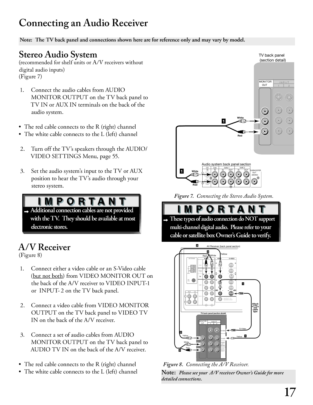 Mitsubishi Electronics WS - 65313, WT - 42313, WS - 48313, WS - 55313 manual Connecting an Audio Receiver, Stereo Audio System 